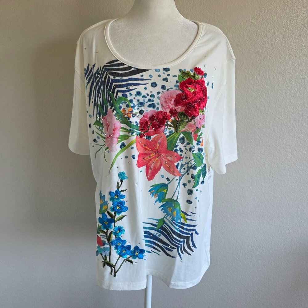 NEW Princess Cruises Women XXL T-Shirt Floral Embroidered Rhinestones Colorful